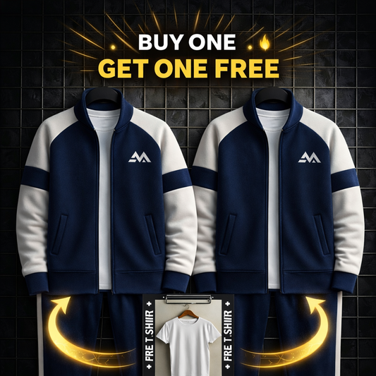 BUY 1 Get 1 Free Winter Premium Blue AND WHITE Tracksuit With Free T-shirt–Total 2Tracksuits+ 2Tshirts - thunder Blue White