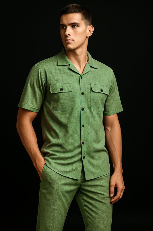 New Safari Waffle Honeycomb Design Tracksuit Set (Button shirt+Trouser) : Zinc