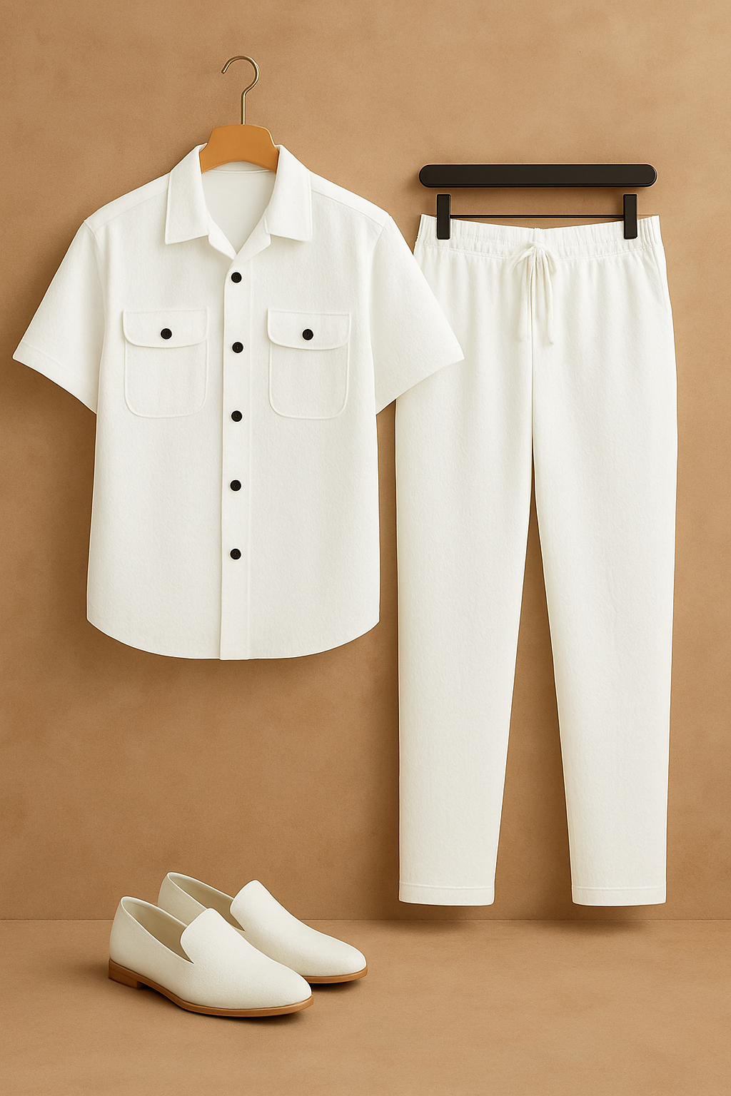 New Safari Waffle Design Tracksuit Set (Button shirt+Trouser) • White