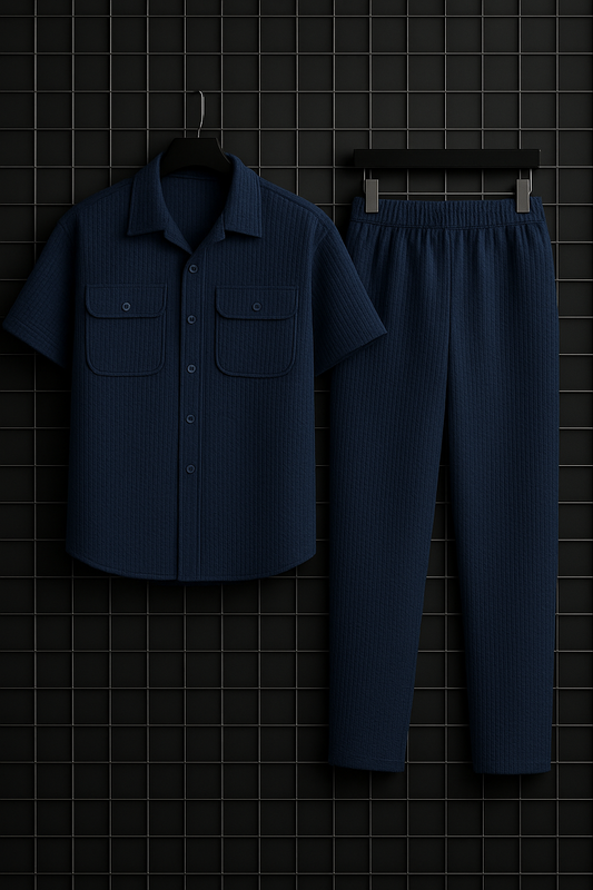 New Safari Waffle Design Tracksuit Set (Button shirt+Trouser) • Navy Blue