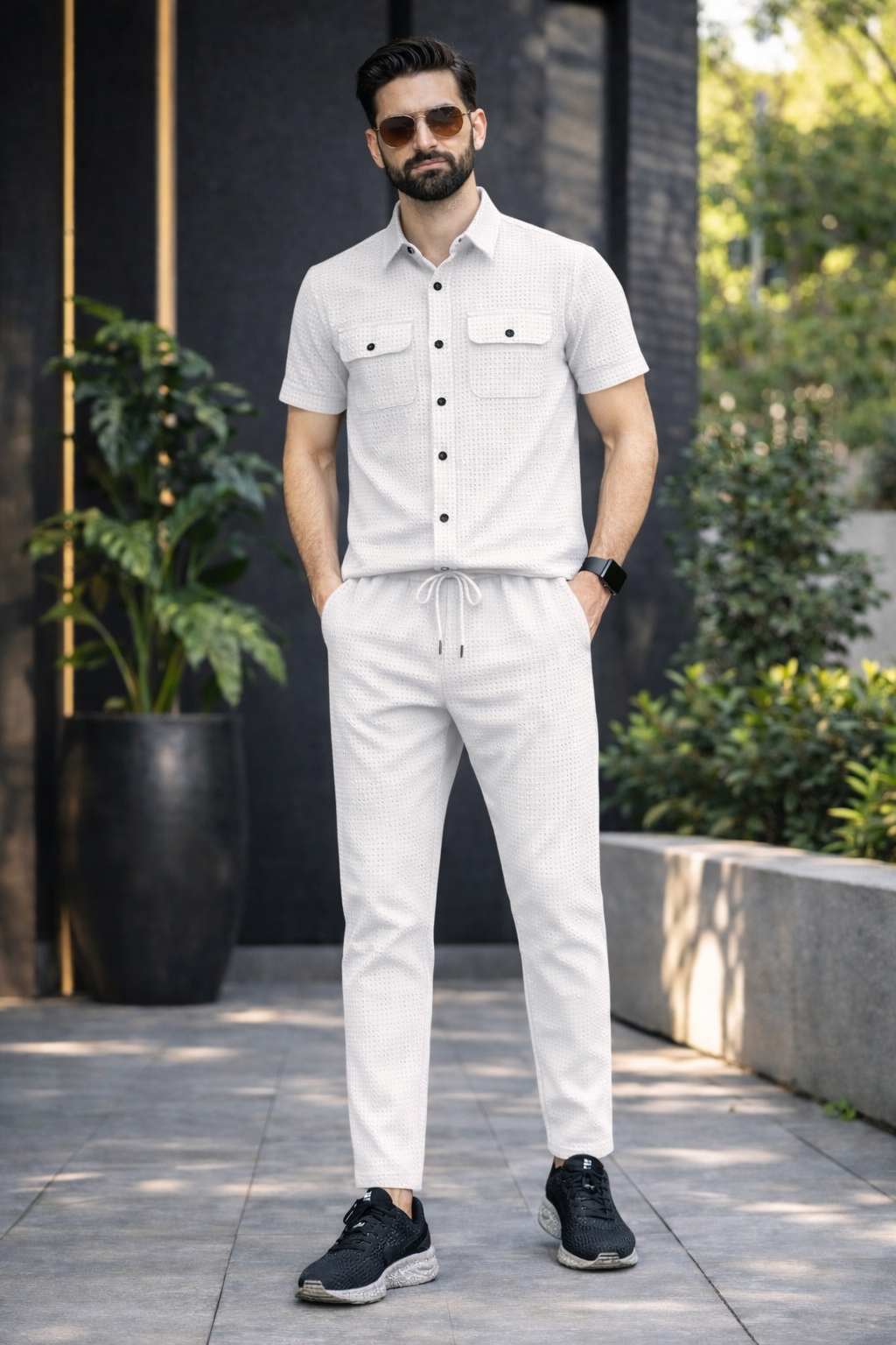 New Safari Blend Design Tracksuit Set (Button shirt+Trouser) • Light White O