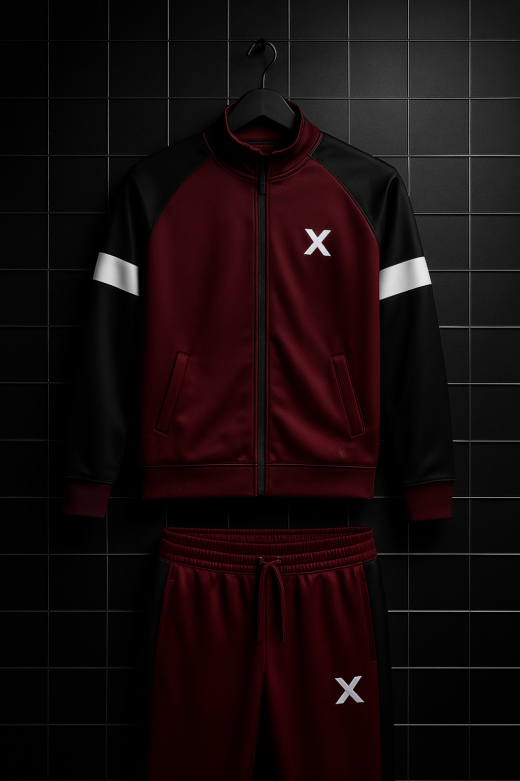Winter Premium Maroon & Black Tracksuit – Signature “X” Edition Red-Black