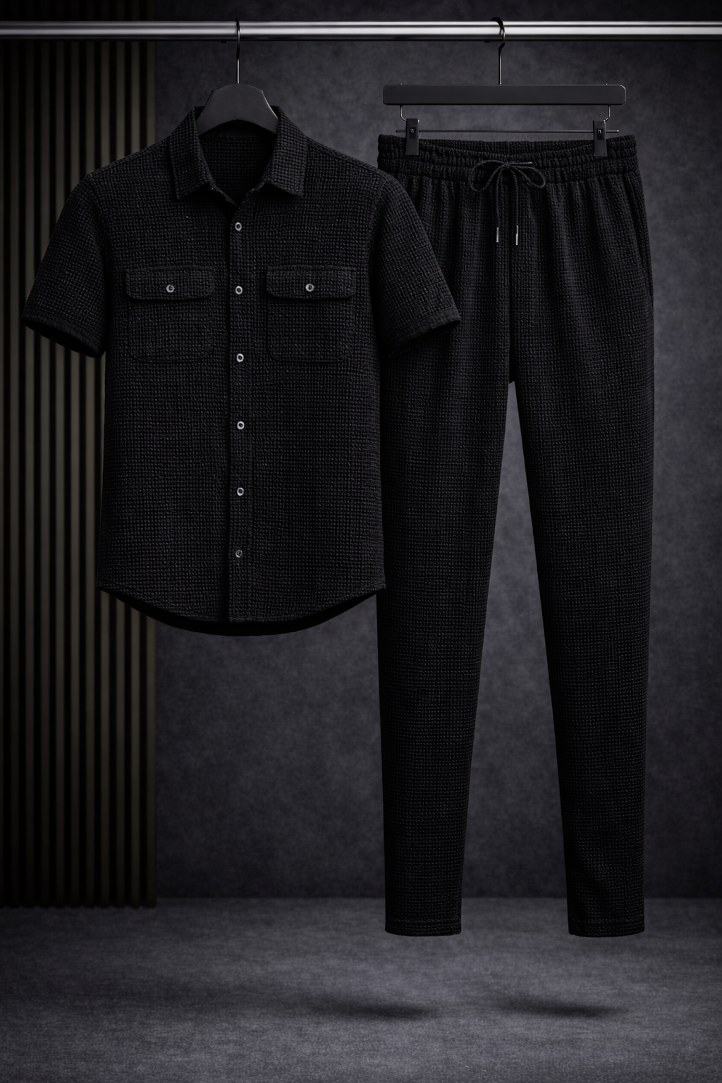 New Safari Blend Design Tracksuit Set (Button shirt+Trouser) • Black Waffe O