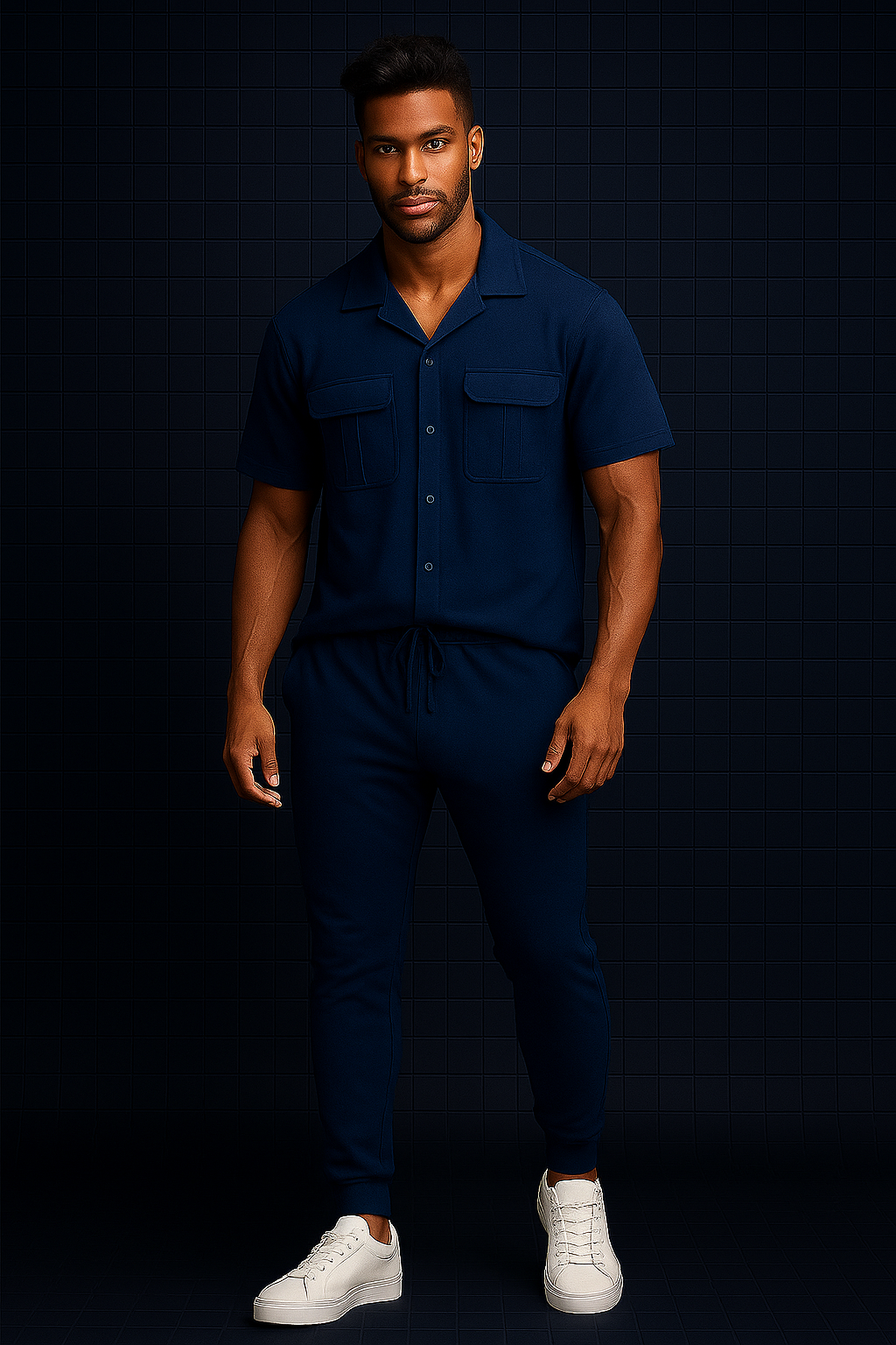 New Safari Plain Design Tracksuit Set (Button shirt+Trouser) Outfit Navy Blue 💙