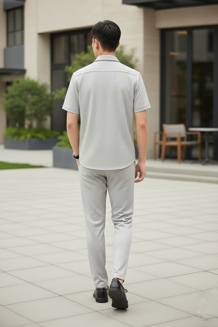 New Safari Honeycomb Waffle Design Tracksuit Set (Button shirt+Trouser) • ORIGINAL Grey