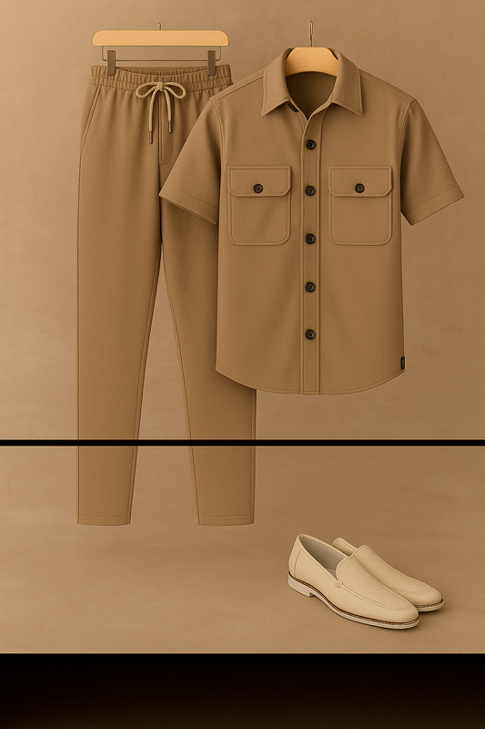 New Safari Honeycomb Waffle Design Tracksuit Set (Button shirt+Trouser) • Light Brown