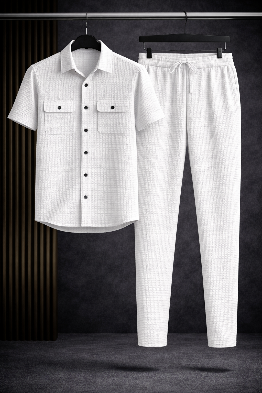 New Safari Blend Design Tracksuit Set (Button shirt+Trouser) • Light White O