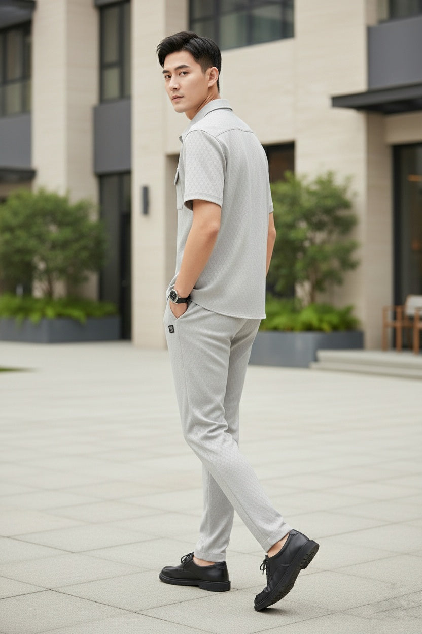 New Safari Honeycomb Waffle Design Tracksuit Set (Button shirt+Trouser) • ORIGINAL Grey