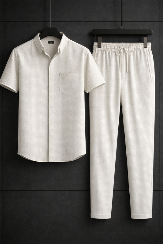 New Safari Blend Design Tracksuit Set (Button shirt+Trouser) • Light White