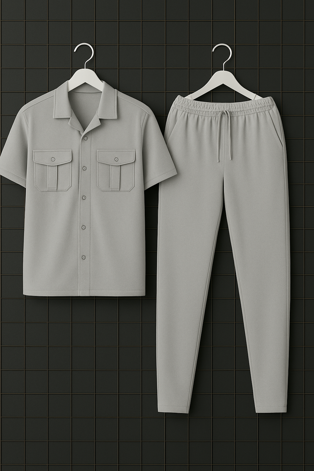 New Safari Plain Design Tracksuit Set (Button shirt+Trouser) Outfit Whitish Grey 🩶