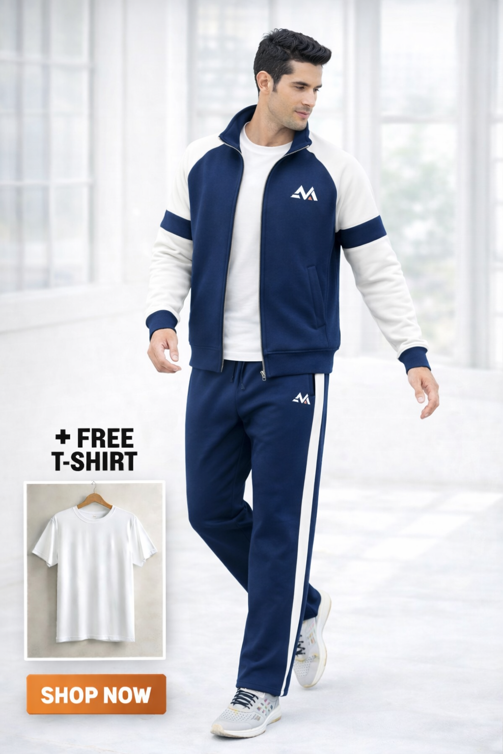 Winter Premium Blue AND WHITE Tracksuit With Free T-shirt–Special Edition - Blue White
