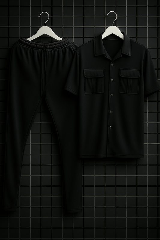 New Safari Plain Design Tracksuit Set (Button shirt+Trouser) Outfit Black 🖤