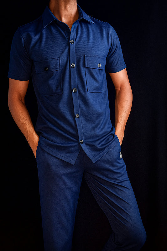 New Safari Waffle Honeycomb Design Tracksuit Set (Button shirt+Trouser) : Naveyblue