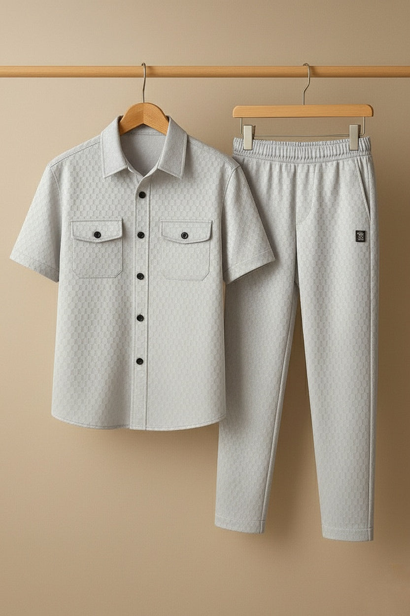 New Safari Honeycomb Waffle Design Tracksuit Set (Button shirt+Trouser) • ORIGINAL Grey