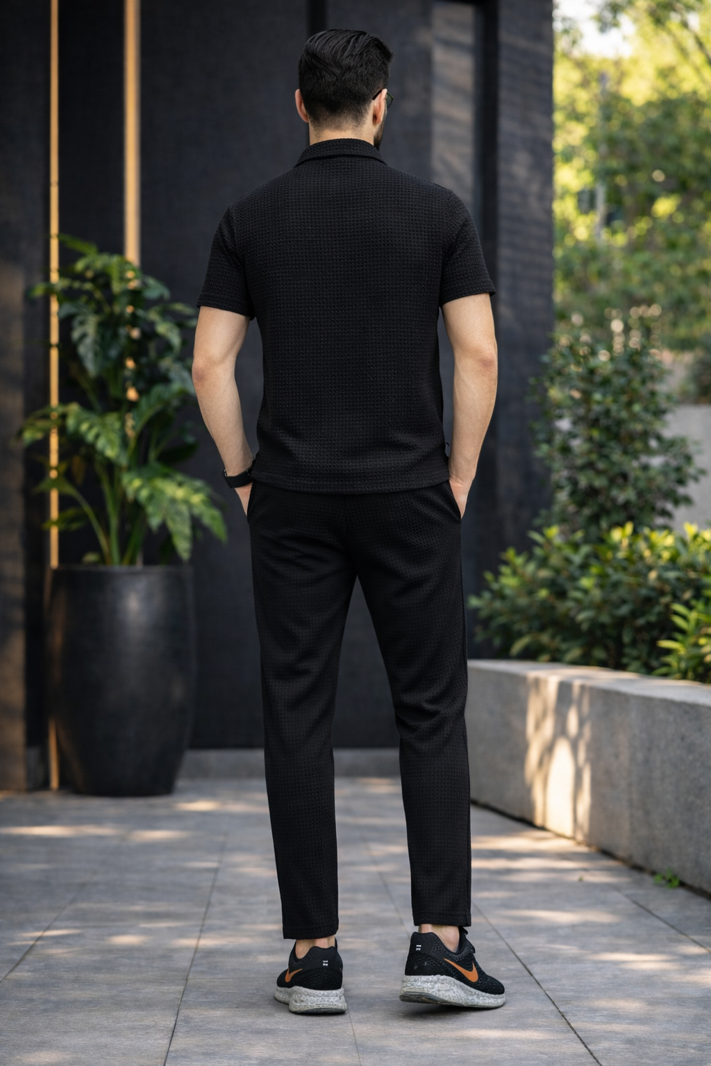 New Safari Blend Design Tracksuit Set (Button shirt+Trouser) • Black Waffe O