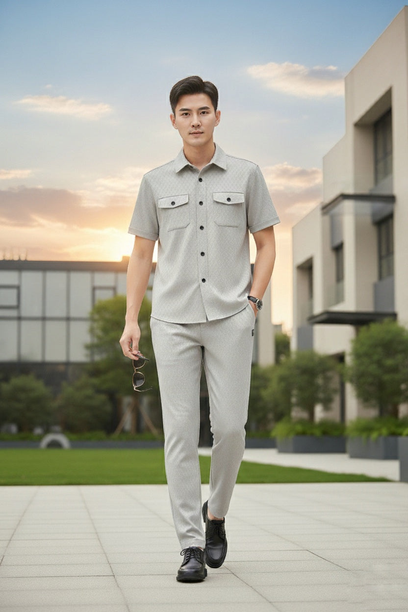 New Safari Honeycomb Waffle Design Tracksuit Set (Button shirt+Trouser) • ORIGINAL Grey