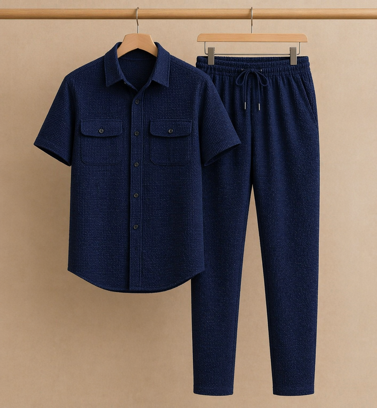 New Safari Blend Design Tracksuit Set (Button shirt+Trouser) • Blue Waffle O