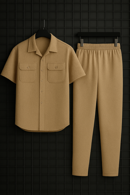 New Safari Honeycomb Waffle Design Tracksuit Set (Button shirt+Trouser) • Beige