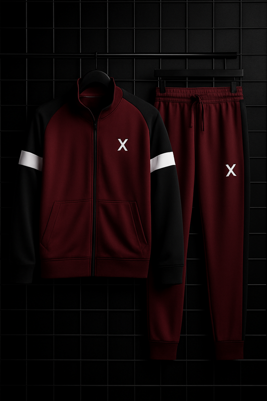 Winter Premium Maroon & Black Tracksuit – Signature “X” Edition Red-Black