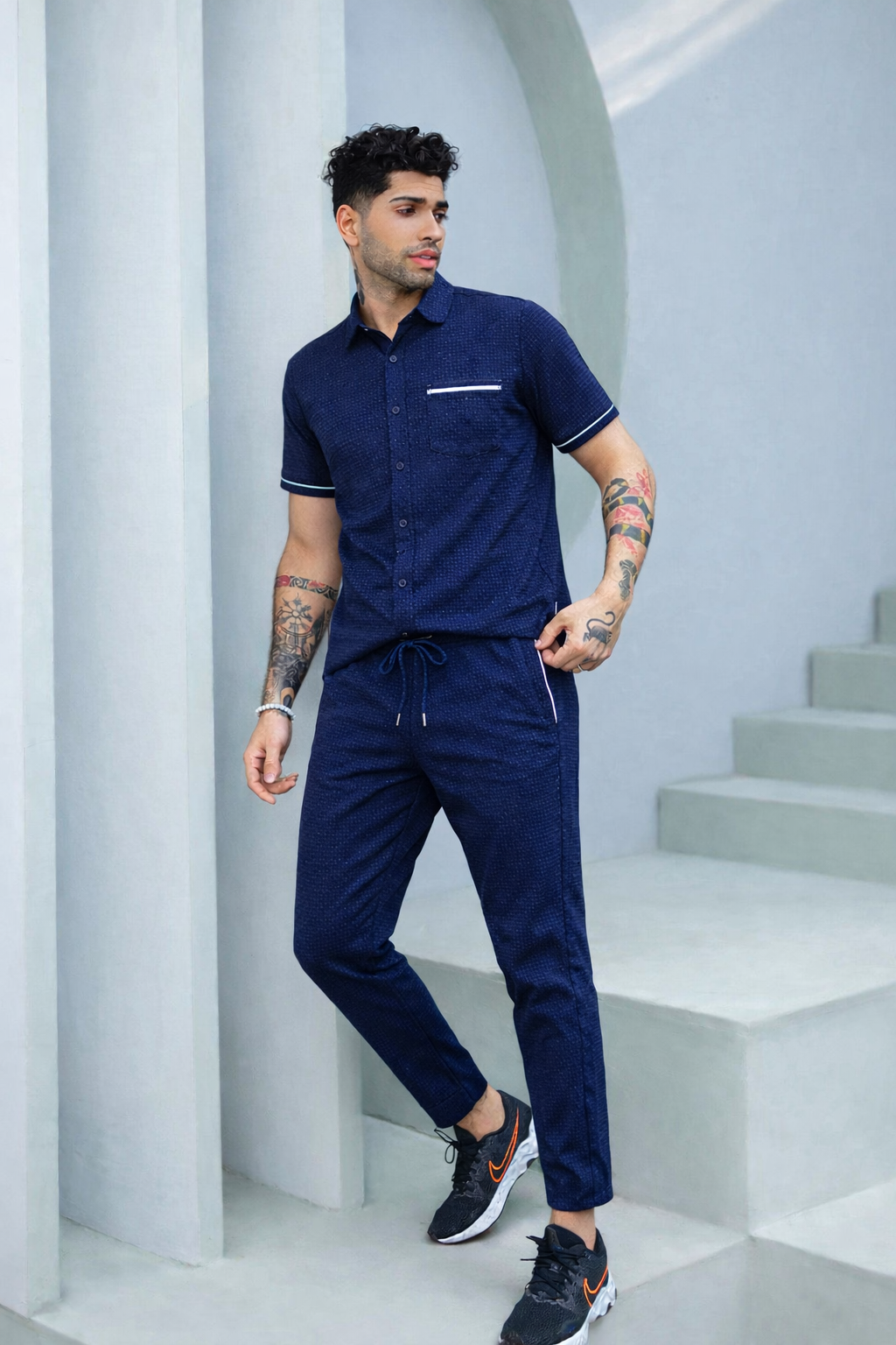 New Safari Blend Design Tracksuit Set (Button shirt+Trouser) • Blue Waffle N