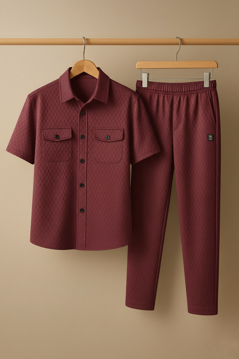 New Safari Honeycomb Waffle Design Tracksuit Set (Button shirt+Trouser) • ORIGINAL Maroon
