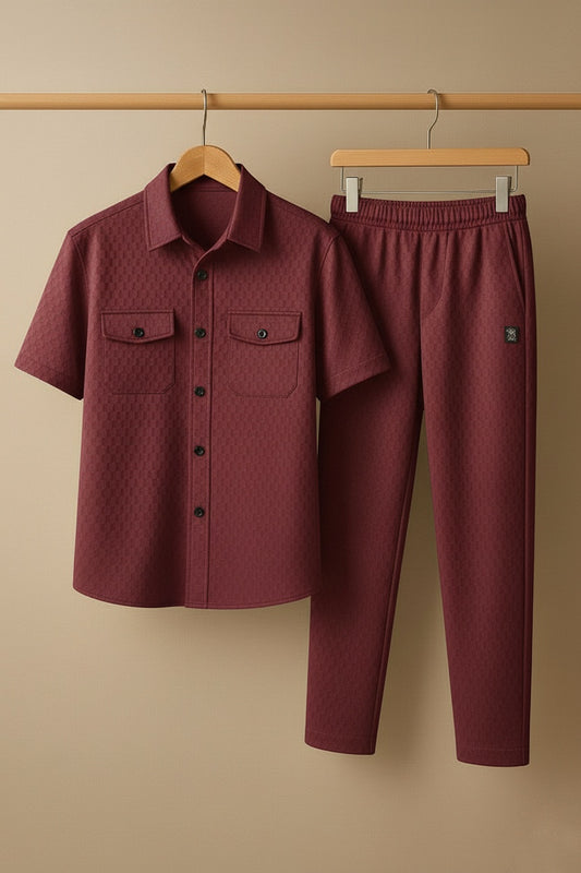 New Safari Honeycomb Waffle Design Tracksuit Set (Button shirt+Trouser) • ORIGINAL Maroon