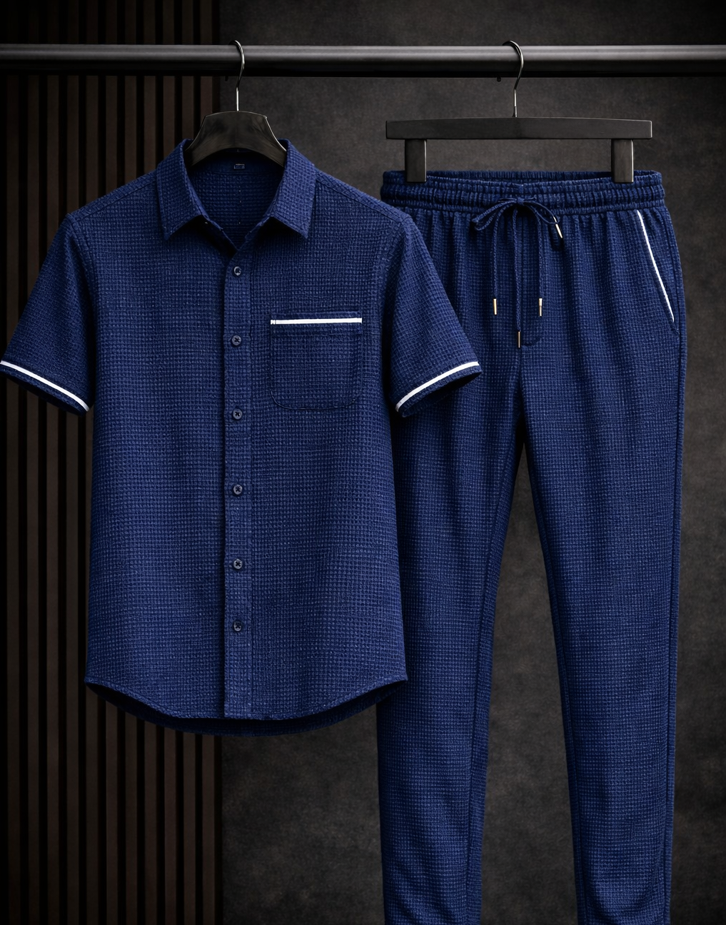 New Safari Blend Design Tracksuit Set (Button shirt+Trouser) • Blue Waffle N