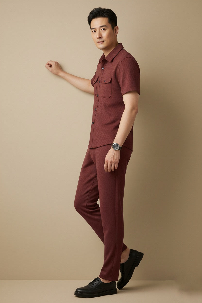 New Safari Honeycomb Waffle Design Tracksuit Set (Button shirt+Trouser) • ORIGINAL Maroon