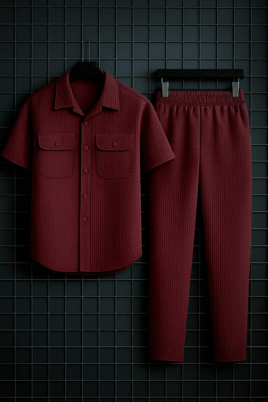 New Safari Waffle Design Tracksuit Set (Button shirt+Trouser) • Maroon