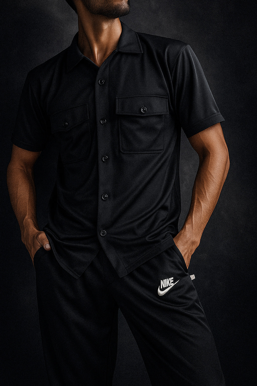 New Safari Waffle Honeycomb Design Tracksuit Set (Button shirt+Trouser) : Black