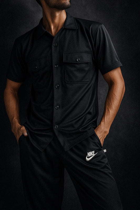 New Safari Waffle Honeycomb Design Tracksuit Set (Button shirt+Trouser) : Black