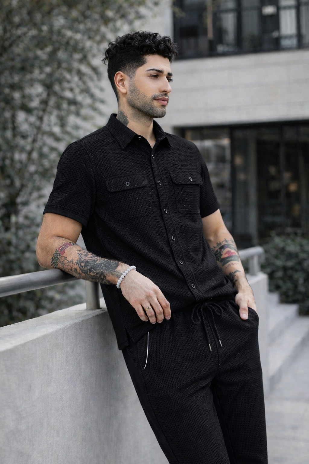 New Safari Blend Design Tracksuit Set (Button shirt+Trouser) • Black Waffe O