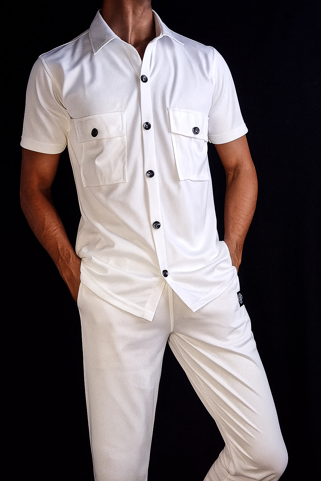 New Safari Waffle Honeycomb Design Tracksuit Set (Button shirt+Trouser) : WHITE