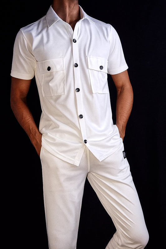New Safari Waffle Honeycomb Design Tracksuit Set (Button shirt+Trouser) : WHITE