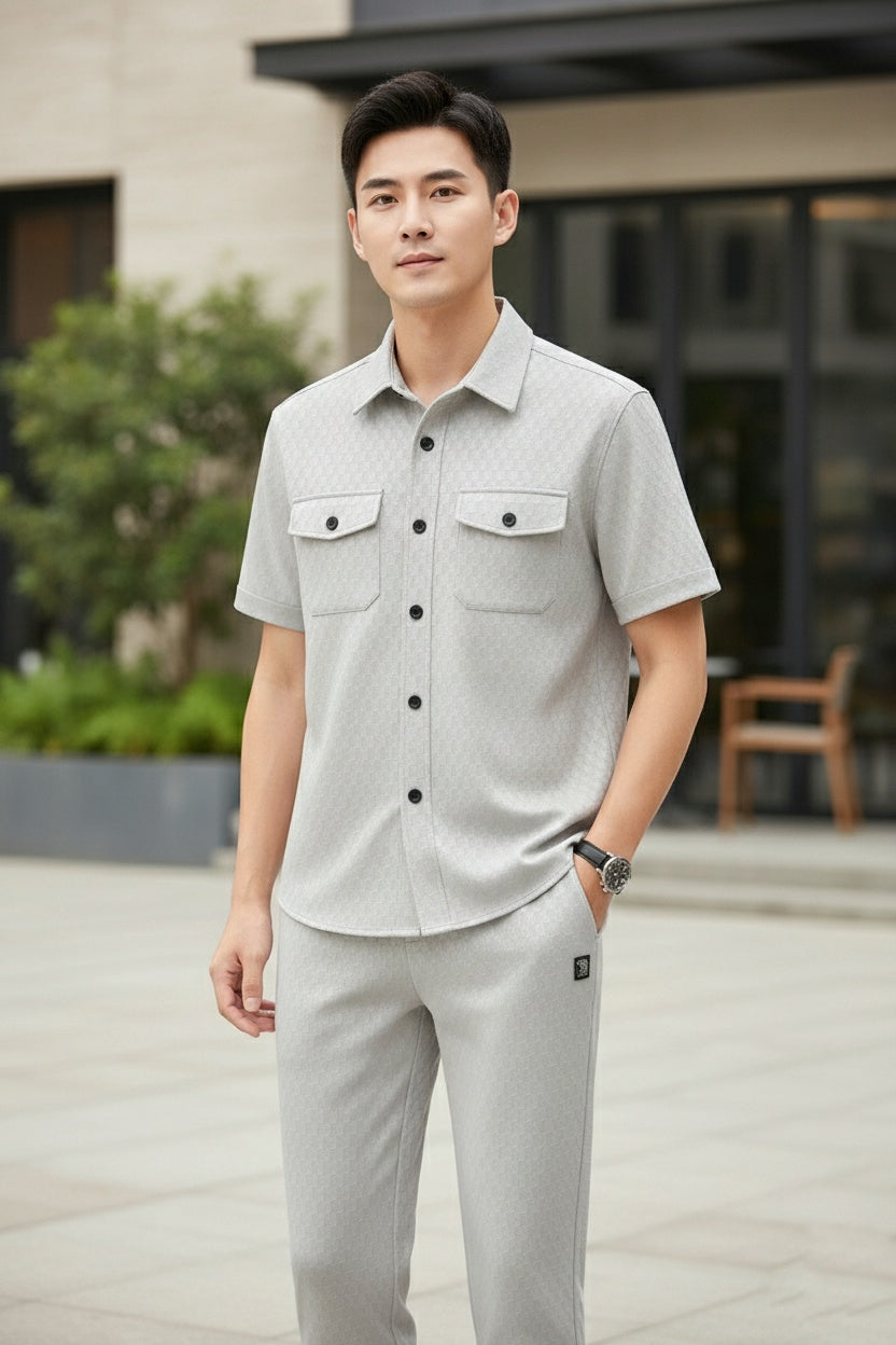 New Safari Honeycomb Waffle Design Tracksuit Set (Button shirt+Trouser) • ORIGINAL Grey