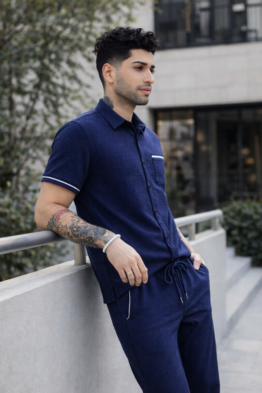 New Safari Blend Design Tracksuit Set (Button shirt+Trouser) • Blue Waffle N