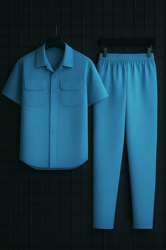 New Safari Waffle Design Tracksuit Set (Button shirt+Trouser) • sky Blue
