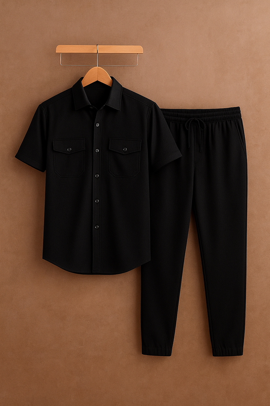 New Safari Waffle Design Tracksuit Set (Button shirt+Trouser) • Black