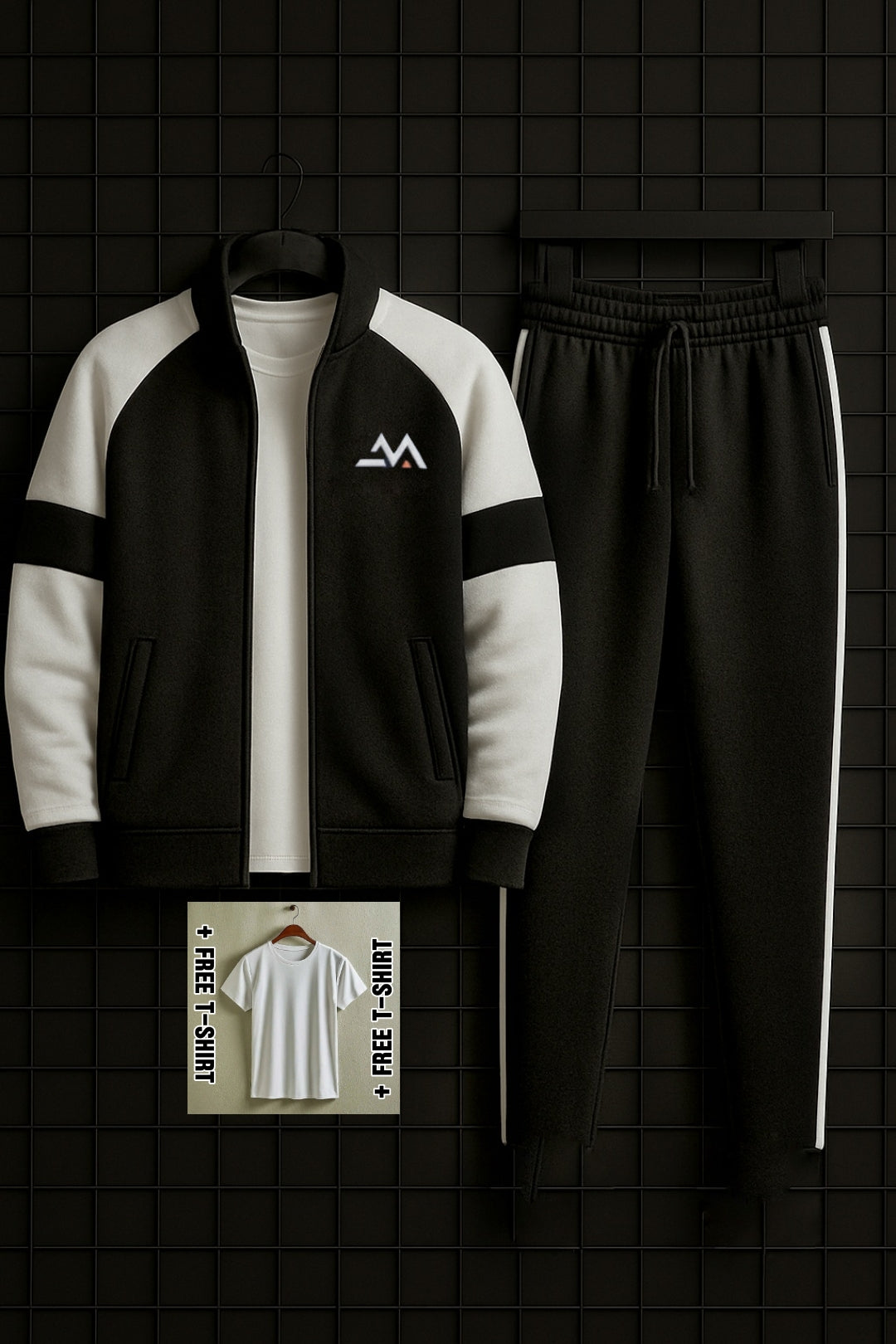 Winter Premium WHITE AND BLACK Tracksuit With Free T-shirt–Special Edition - BLACK WHITE
