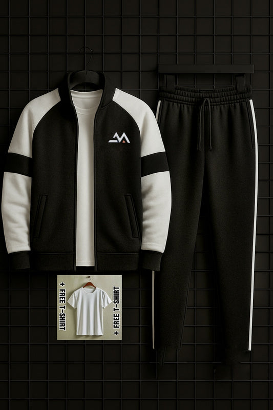 Winter Premium WHITE AND BLACK Tracksuit With Free T-shirt–Special Edition - BLACK WHITE
