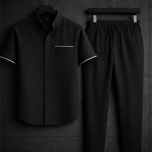 New Safari Blend Design Tracksuit Set (Button shirt+Trouser) • Black