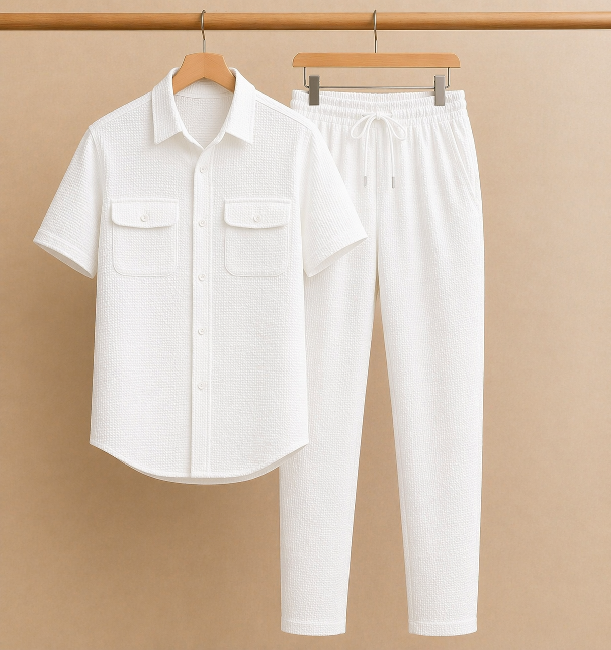 New Safari Blend Design Tracksuit Set (Button shirt+Trouser) • Light White O