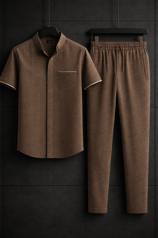New Safari Blend Design Tracksuit Set (Button shirt+Trouser) • Coffee Brown