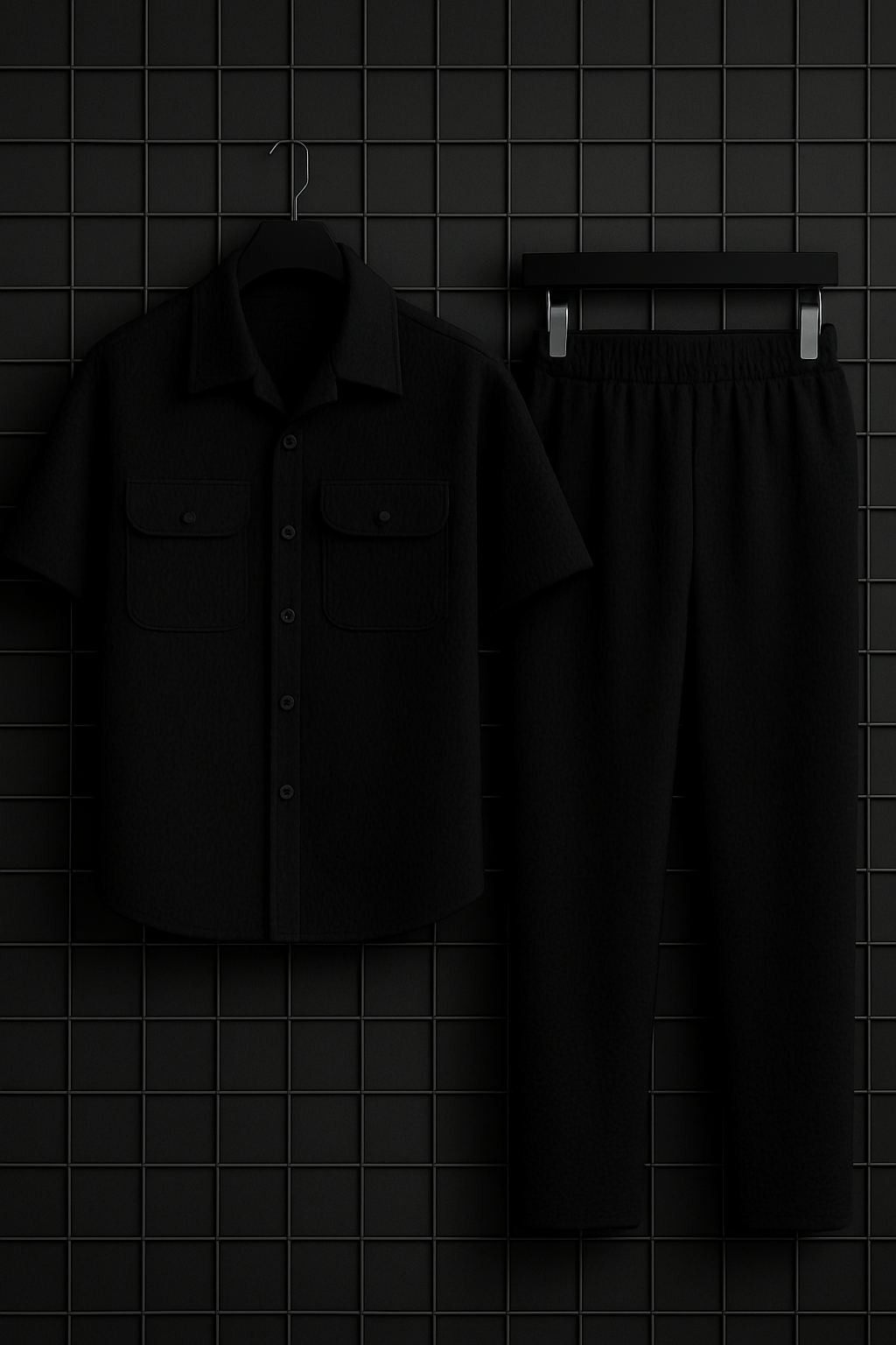 New Safari Waffle Honeycomb Design Tracksuit Set (Button shirt+Trouser) : Black