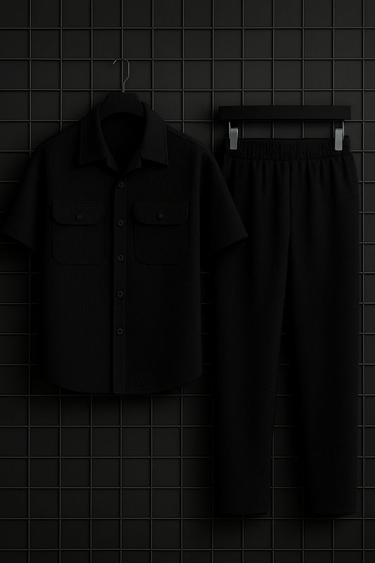 New Safari Waffle Design Tracksuit Set (Button shirt+Trouser) • Black