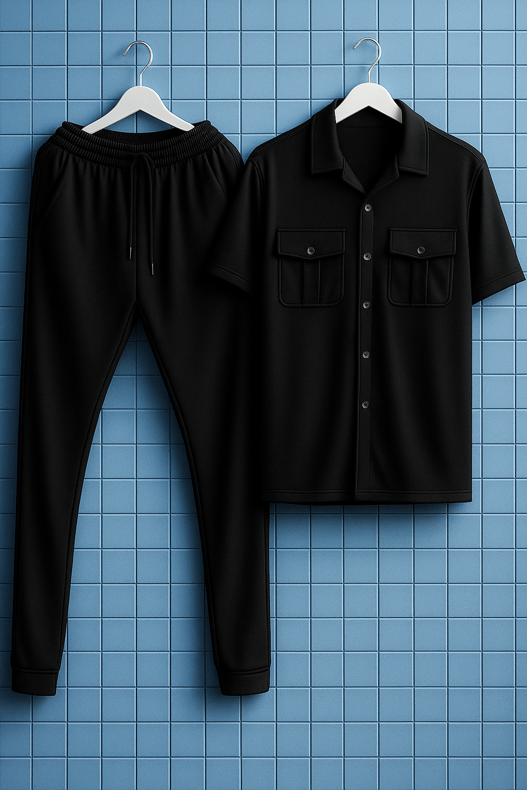 New Safari Plain Design Tracksuit Set (Button shirt+Trouser) Outfit Black 🖤