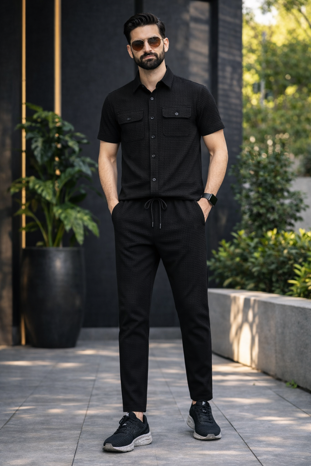 New Safari Blend Design Tracksuit Set (Button shirt+Trouser) • Black Waffe O