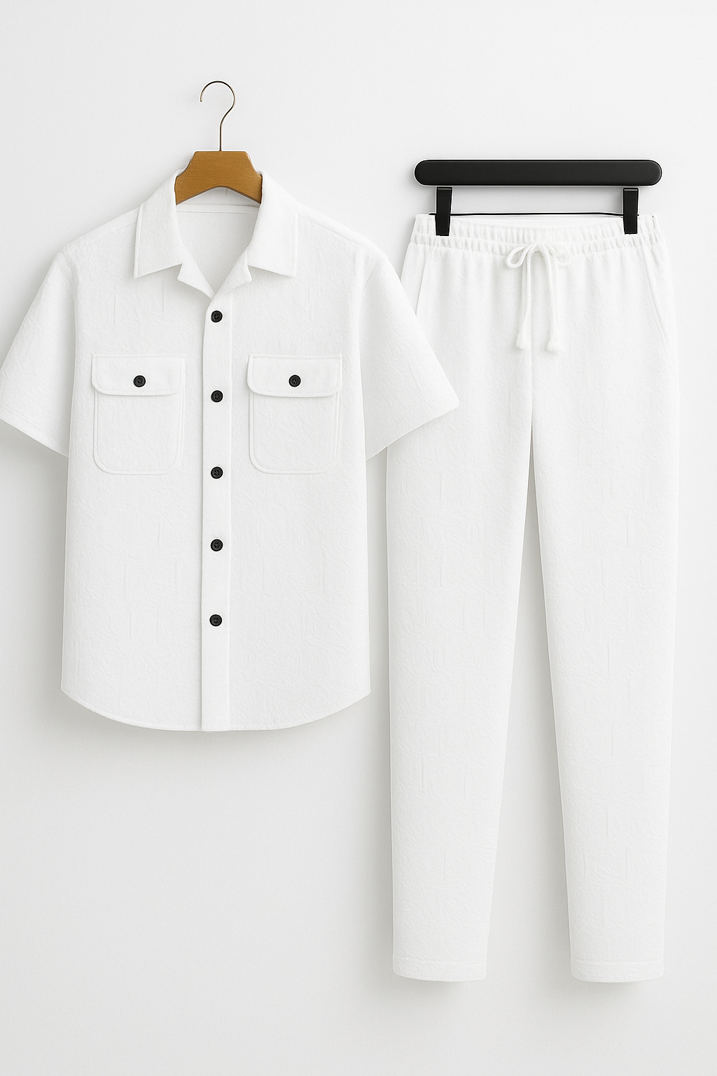 New Safari Waffle Design Tracksuit Set (Button shirt+Trouser) • White