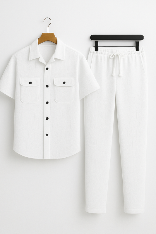 New Safari Waffle Design Tracksuit Set (Button shirt+Trouser) • White